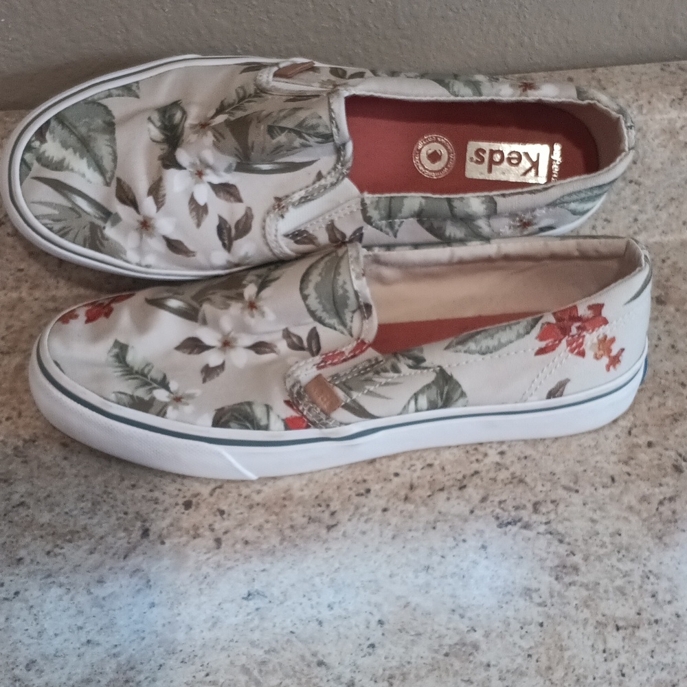 Keds Floral Slip-On Canvas Shoes in White with Green and Red Accents - Picture 4 of 5